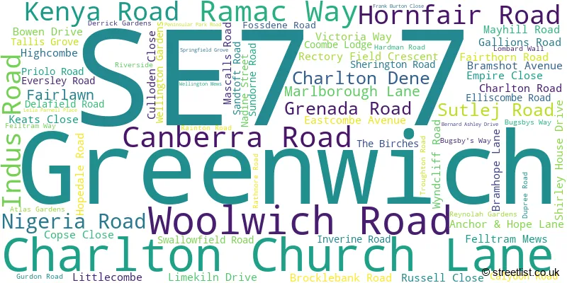 A word cloud for the SE7 7 postcode